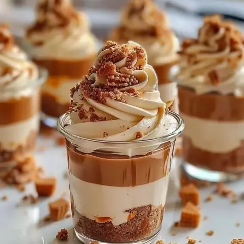 Decadent layered Biscoff cheesecake cups topped with whipped cream and crumble