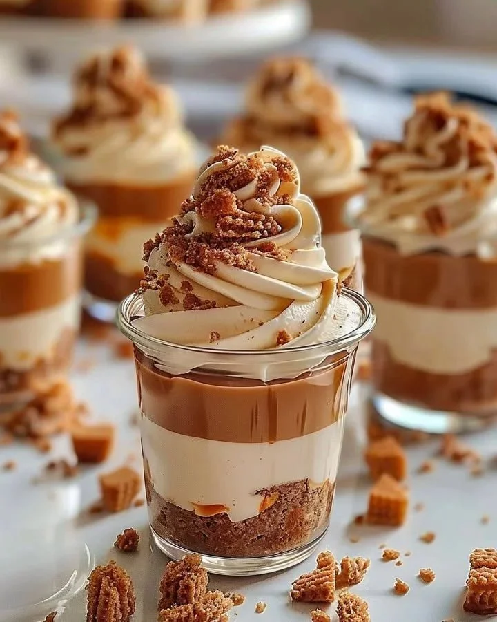 Decadent layered Biscoff cheesecake cups topped with whipped cream and crumble