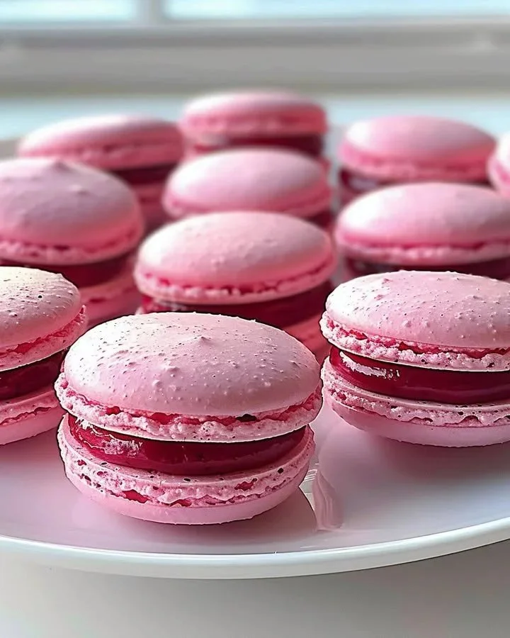 Delicious raspberry macarons arranged on a white plate