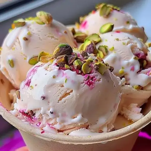 Delightful rosewater pistachio gelato in a bowl with a sprinkle of pistachios.