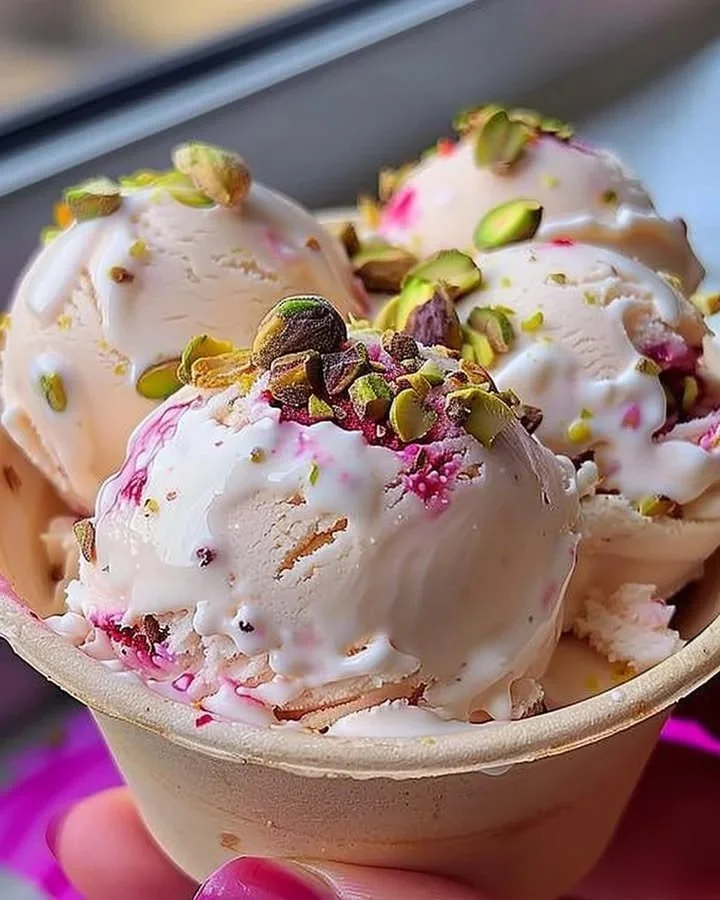 Delightful rosewater pistachio gelato in a bowl with a sprinkle of pistachios.