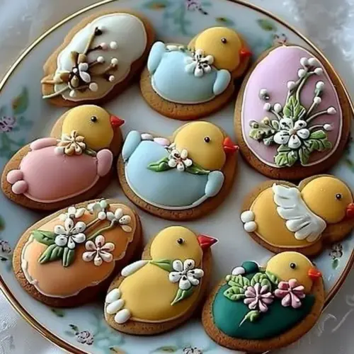 Easter cookies in the shape of colorful chicks and flowers