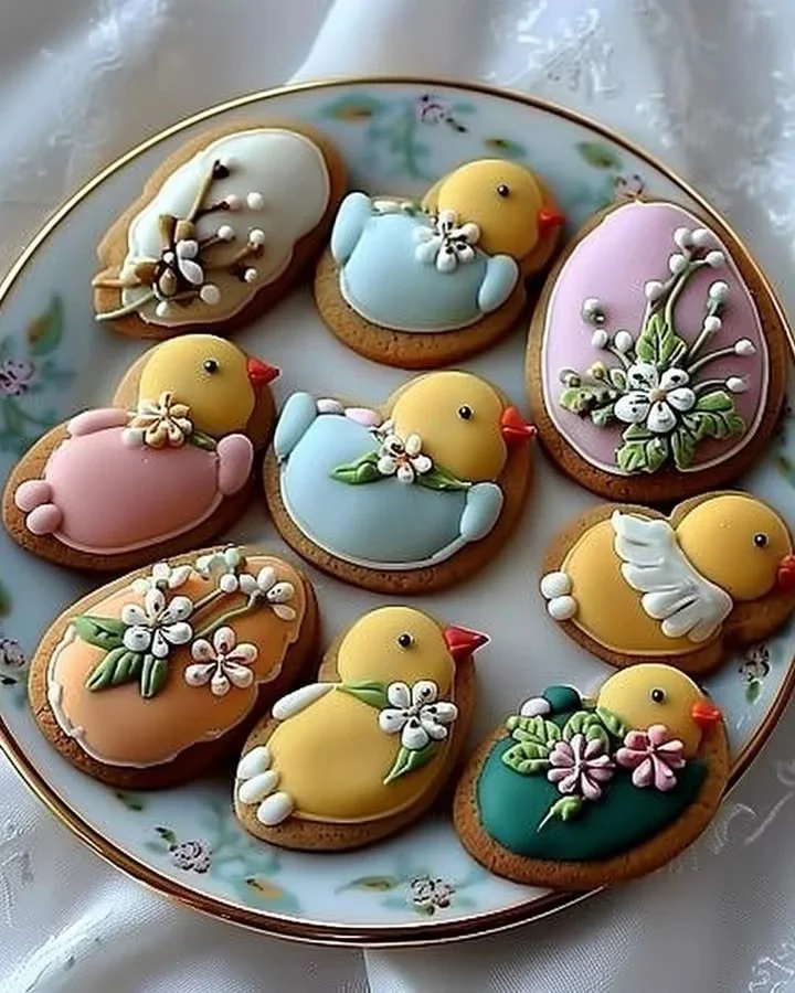 Easter cookies in the shape of colorful chicks and flowers
