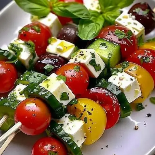 Colorful Greek Salad Kebabs with fresh vegetables and feta cheese