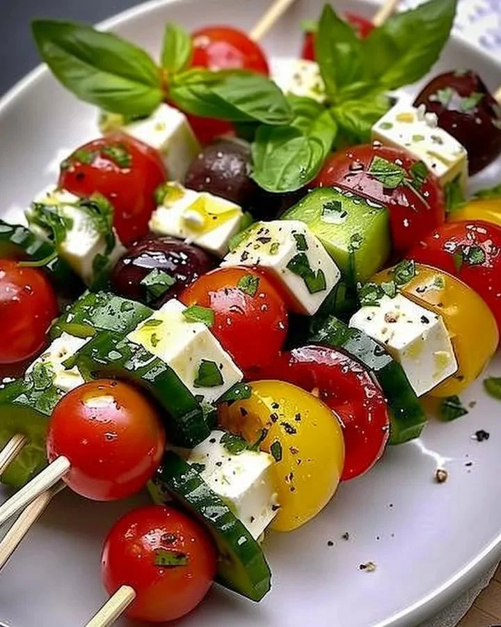 Colorful Greek Salad Kebabs with fresh vegetables and feta cheese