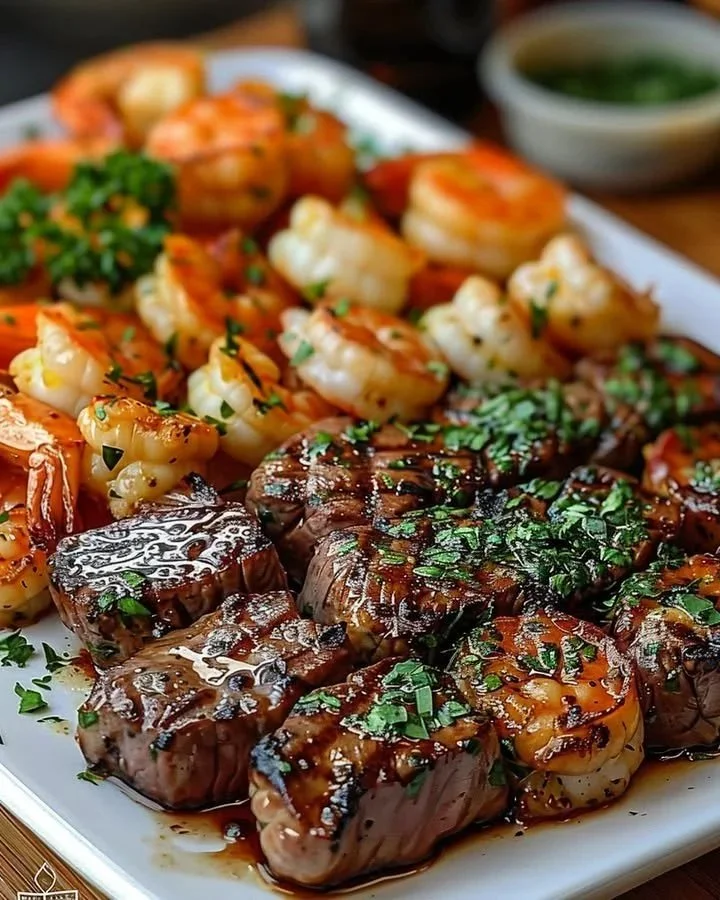Delicious garlic butter steak and shrimp served on a plate