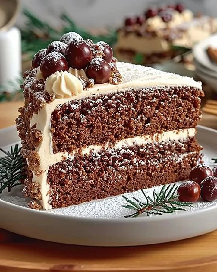 Delicious Gingerbread Holiday Cake decorated for the festive season