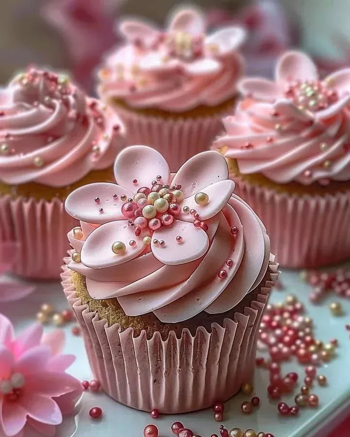 Graceful pink buttercream cupcakes decorated for a celebration