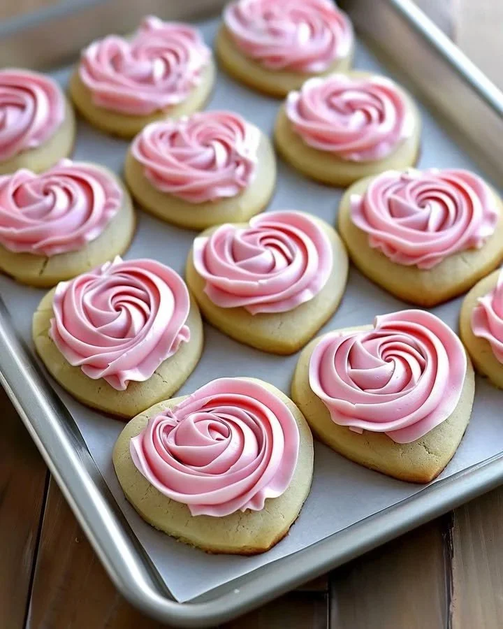 Heart-shaped cookies decorated with beautiful buttercream roses