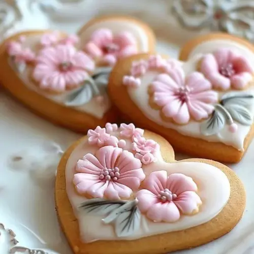 Heart shaped cookies decorated with royal icing and colorful fondant flowers