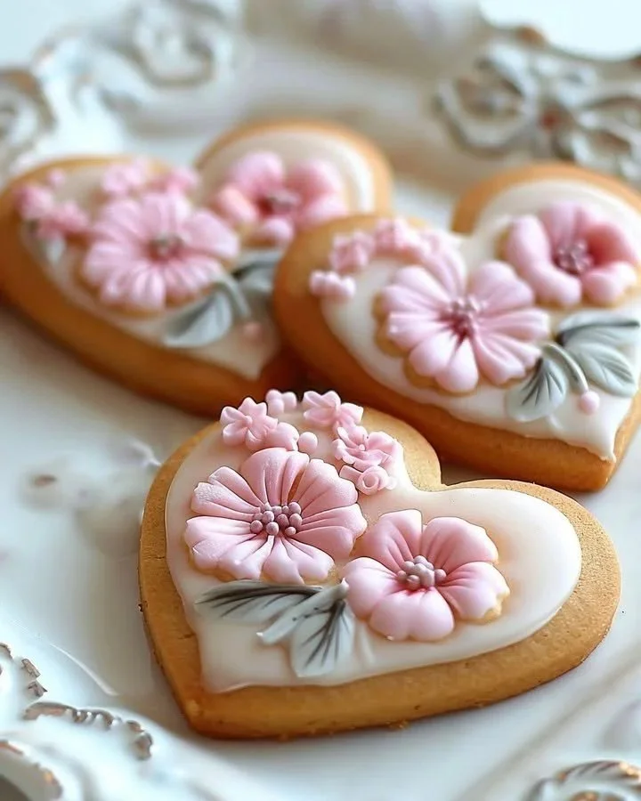 Heart shaped cookies decorated with royal icing and colorful fondant flowers