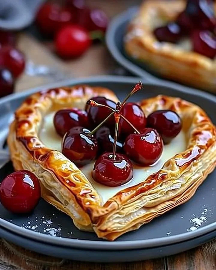 Heart-shaped custard pastries with cherries on a decorative plate