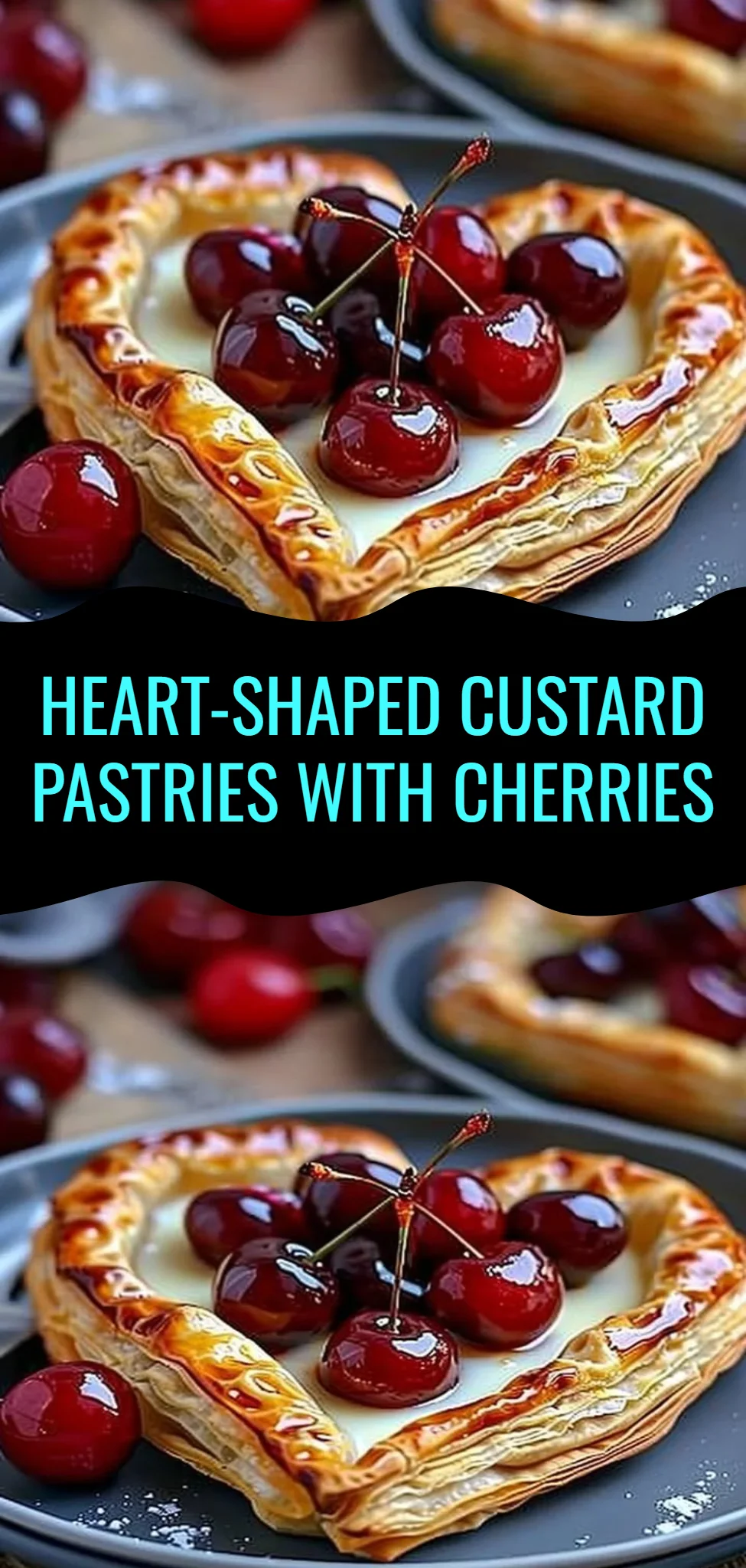 Heart-Shaped Custard Pastries with Cherries