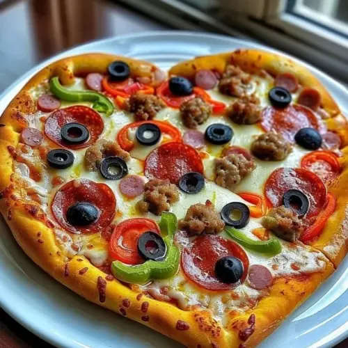 Delicious heart-shaped Supreme Pie with a perfect crust and toppings.