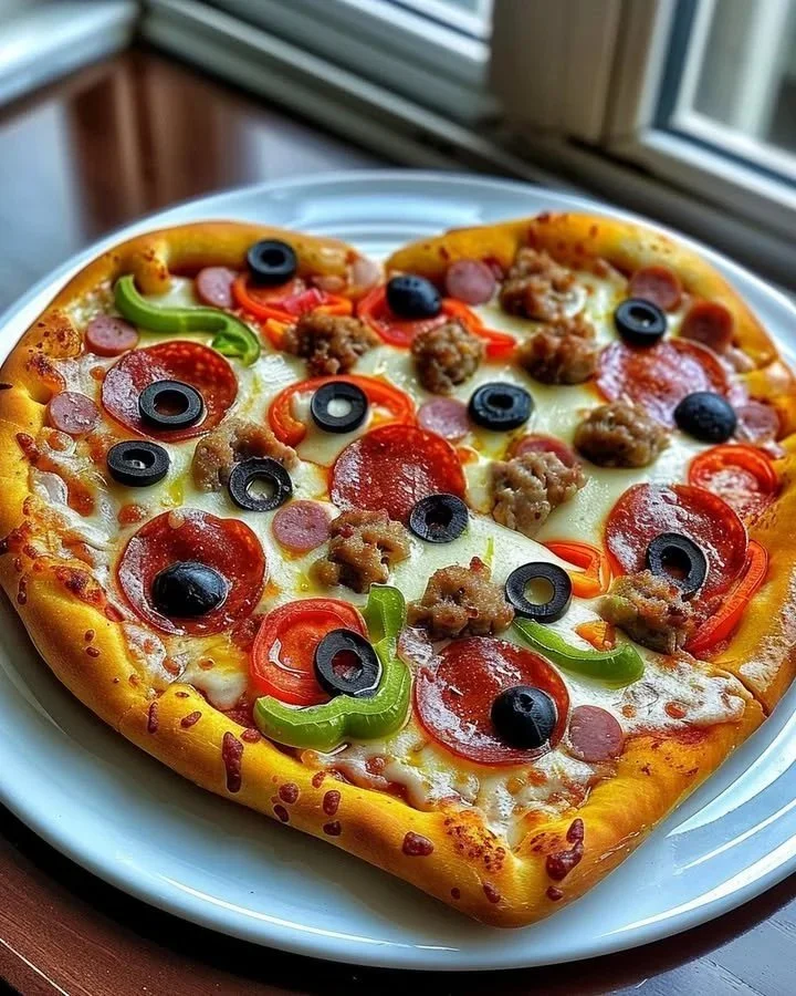 Delicious heart-shaped Supreme Pie with a perfect crust and toppings.