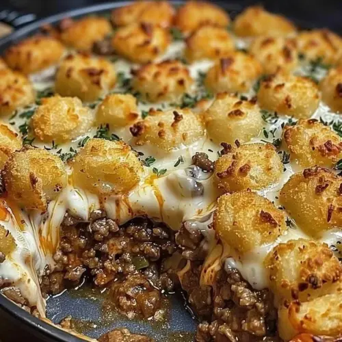 Delicious bowl of Heavenly Beef Casserole topped with cheese and herbs