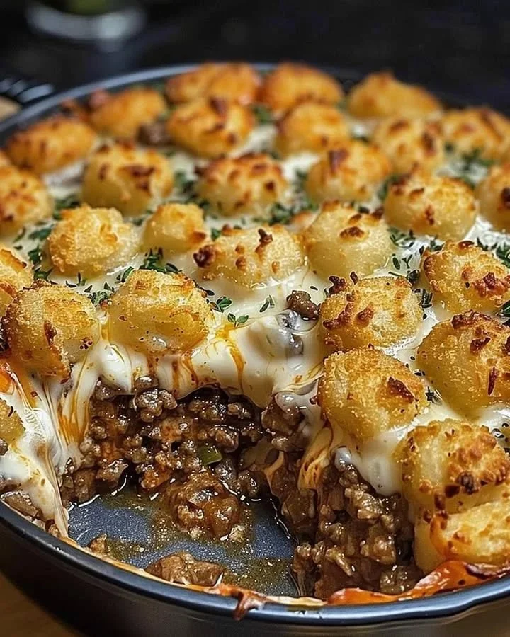 Delicious bowl of Heavenly Beef Casserole topped with cheese and herbs