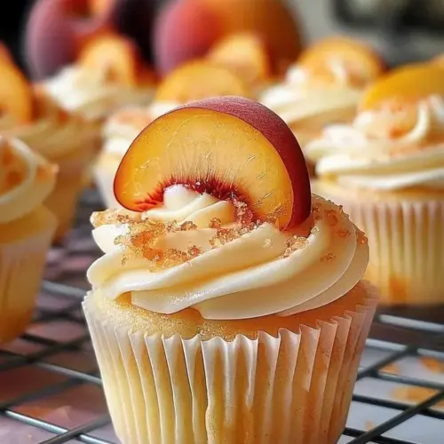 Honeyed peach cream cheese cupcakes topped with fresh peach slices