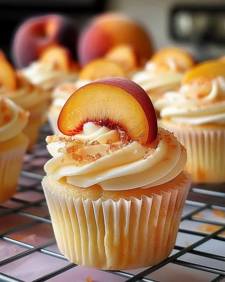 Honeyed peach cream cheese cupcakes topped with fresh peach slices
