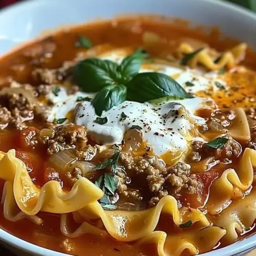Delicious bowl of lasagna soup with cheese and herbs
