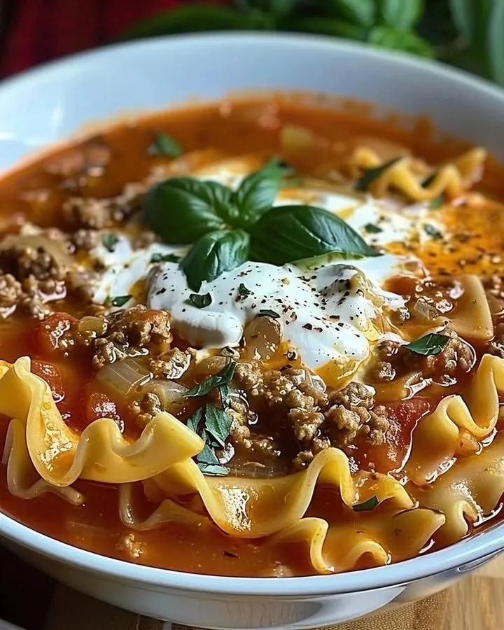 Delicious bowl of lasagna soup with cheese and herbs