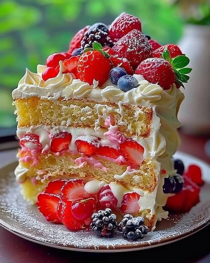 Layered Strawberry Lemon Cake with fresh strawberries and lemon zest
