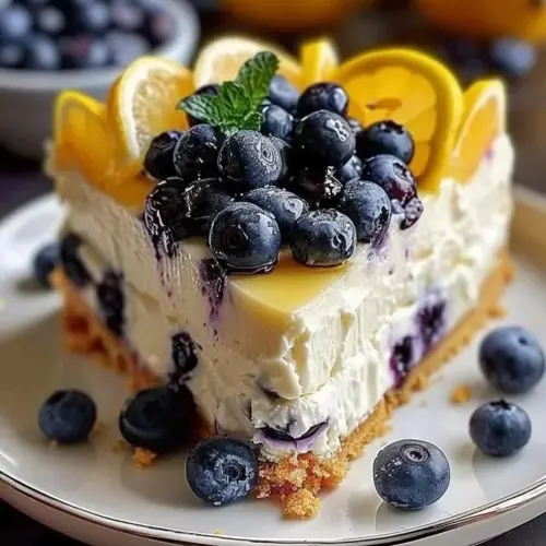 Slice of lemon blueberry layered cheesecake topped with fresh blueberries