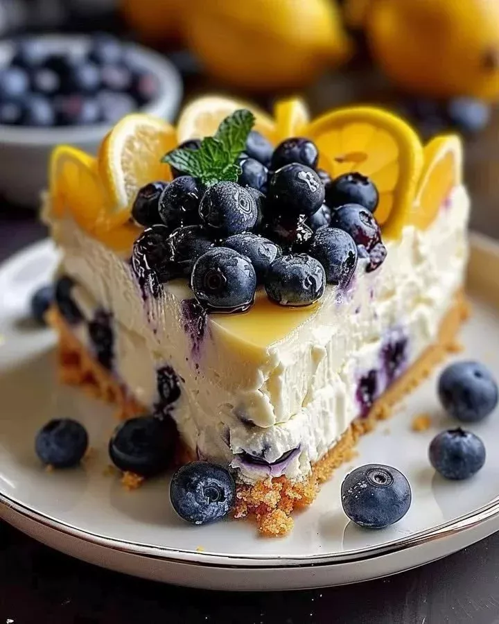 Slice of lemon blueberry layered cheesecake topped with fresh blueberries