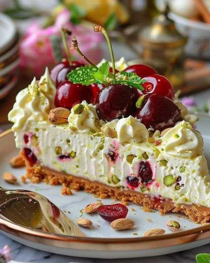 Lemon-Lime Cherry Pistachio Cheesecake topped with cherries and pistachios