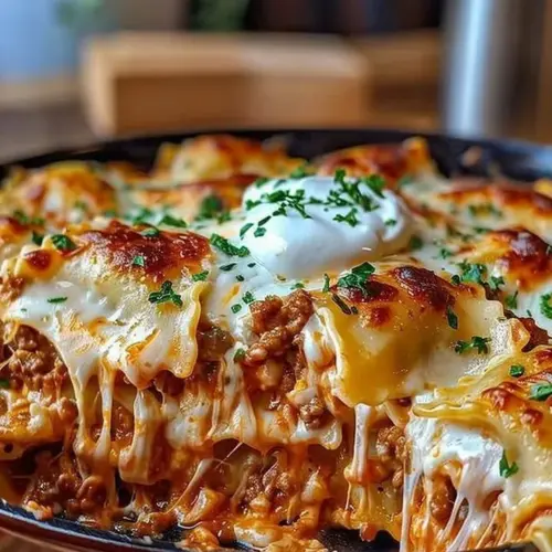 A delicious serving of Luxurious Ravioli Casserole with melted cheese and rich sauce.