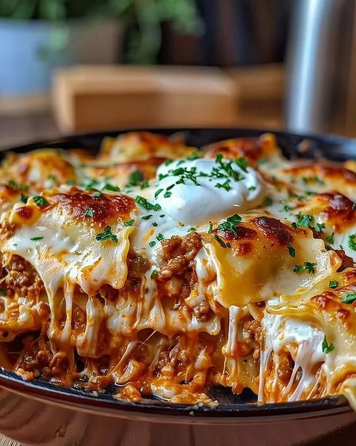 A delicious serving of Luxurious Ravioli Casserole with melted cheese and rich sauce.