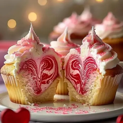 Delicious Marbled Heart Cupcake with swirls of chocolate and vanilla frosting