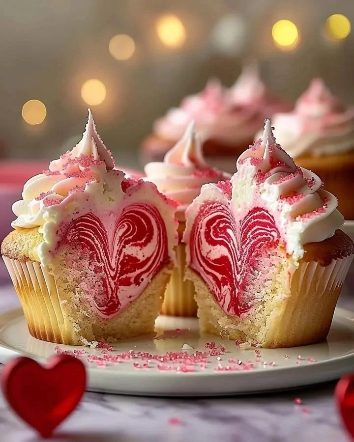 Delicious Marbled Heart Cupcake with swirls of chocolate and vanilla frosting