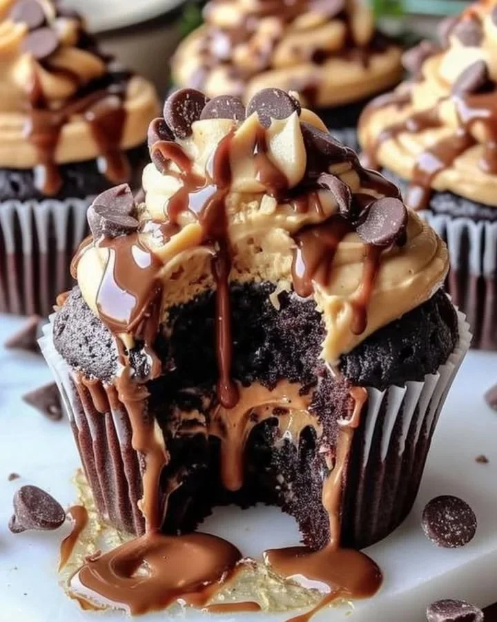 Delicious molten peanut butter cupcake topped with creamy frosting