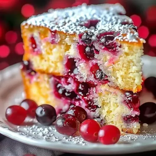 Deliciously moist Orange Cranberry Cake topped with sweet glaze and cranberries.