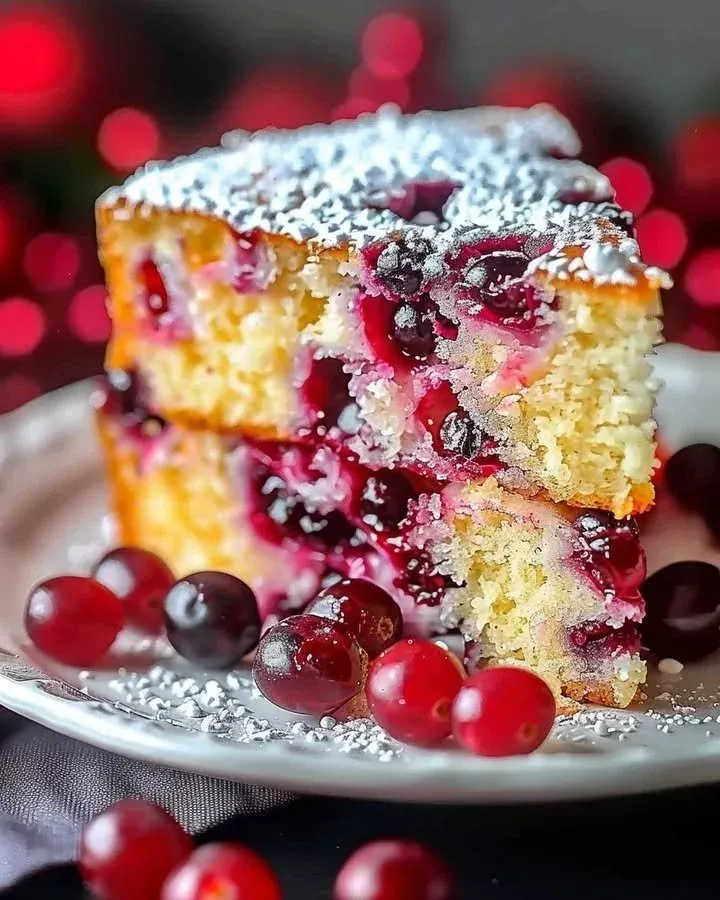 Deliciously moist Orange Cranberry Cake topped with sweet glaze and cranberries.