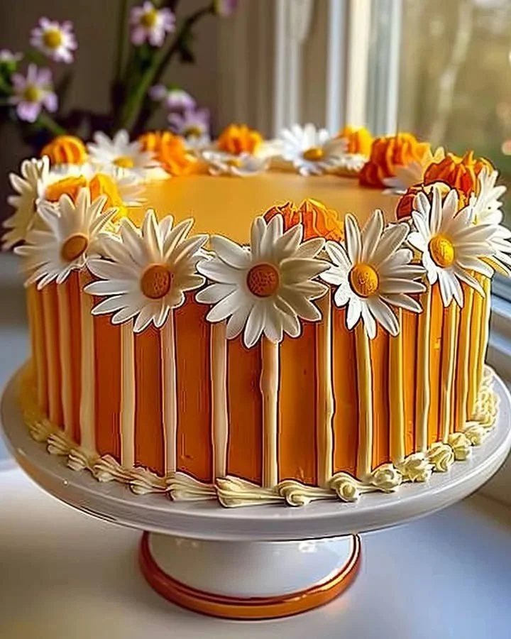 Delicious Orange Creamsicle Cake decorated with daisies