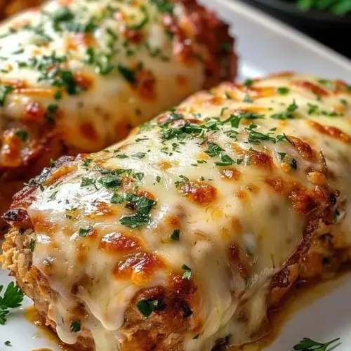 Parmesan Garlic Chicken Loaf topped with herbs and cheese, served on a plate.