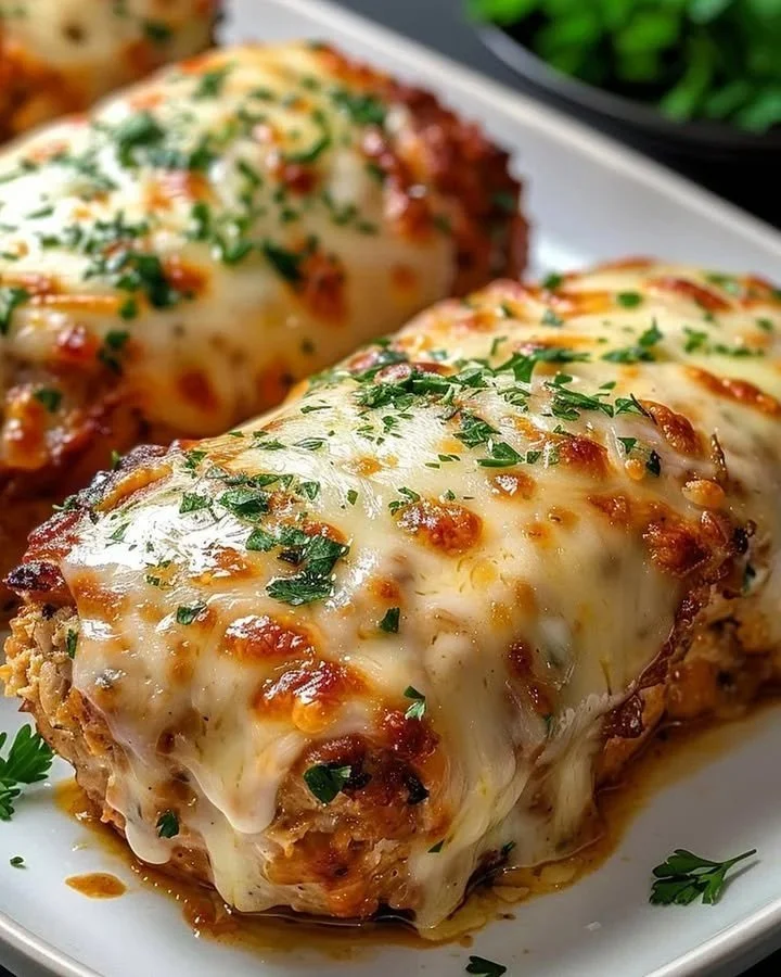 Parmesan Garlic Chicken Loaf topped with herbs and cheese, served on a plate.