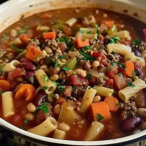 Bowl of delicious Pasta Fagioli, a traditional Italian soup with beans and pasta.