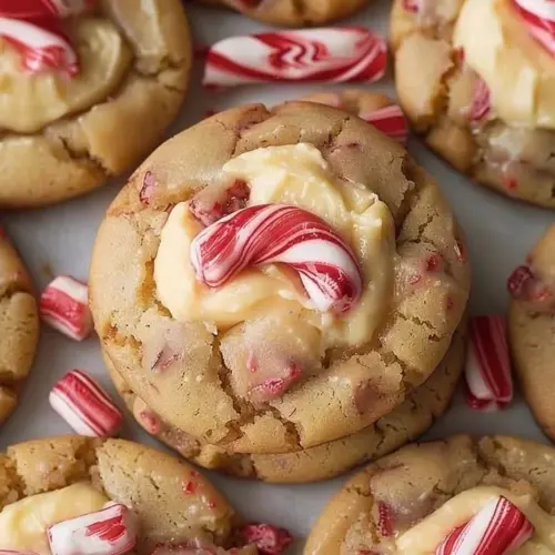 Peppermint cheesecake cookie delights topped with candy canes and whipped cream