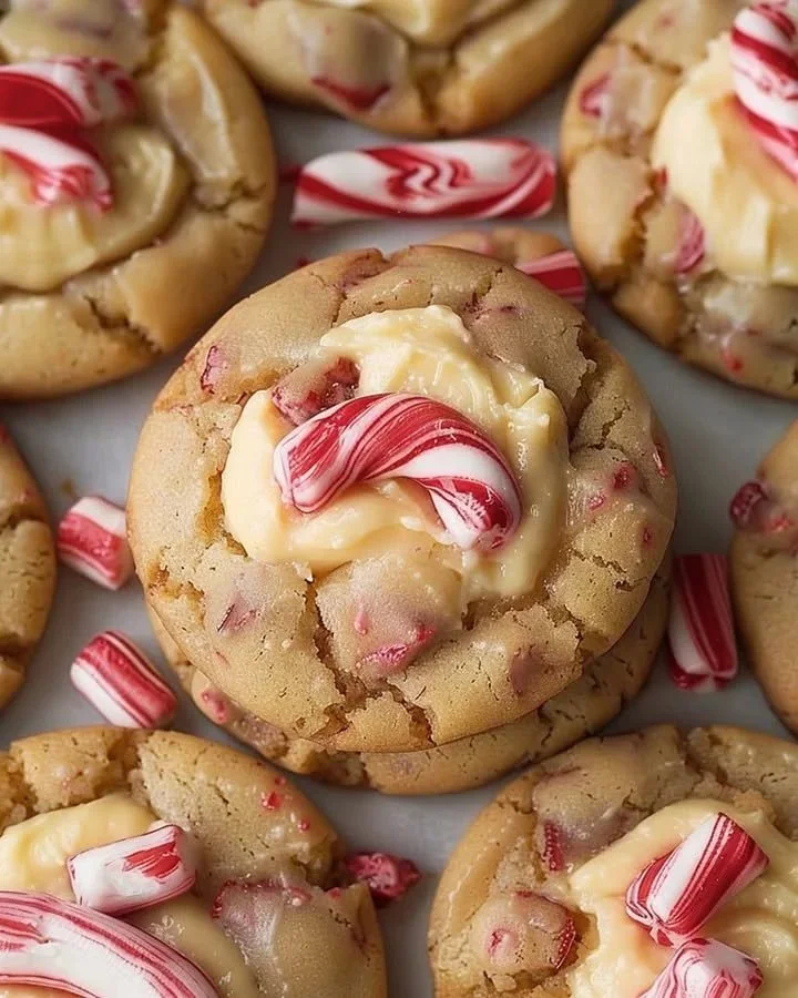 Peppermint cheesecake cookie delights topped with candy canes and whipped cream
