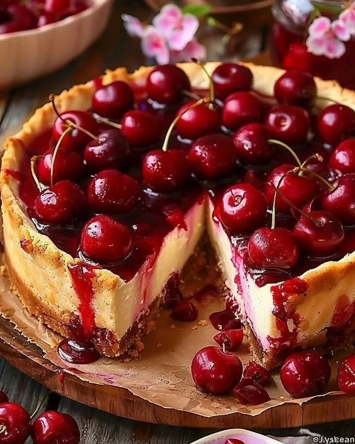 Delicious Philadelphia Style Cherry Cheesecake topped with fresh cherries.