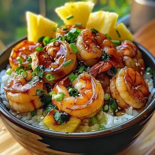 Pineapple Teriyaki Shrimp Bowl with colorful vegetables and fragrant rice