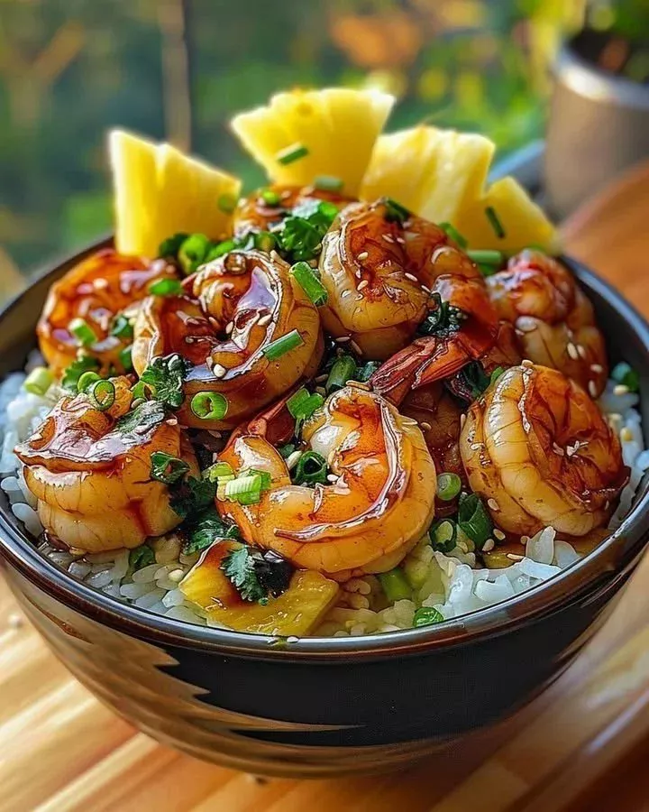 Pineapple Teriyaki Shrimp Bowl with colorful vegetables and fragrant rice