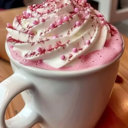 A cup of pink velvet Valentine's hot chocolate topped with whipped cream and sprinkles