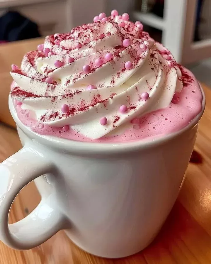A cup of pink velvet Valentine's hot chocolate topped with whipped cream and sprinkles