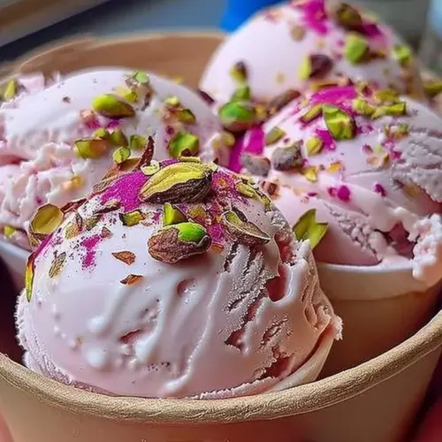Pistachio Rosewater Gelato in a decorative bowl topped with pistachios
