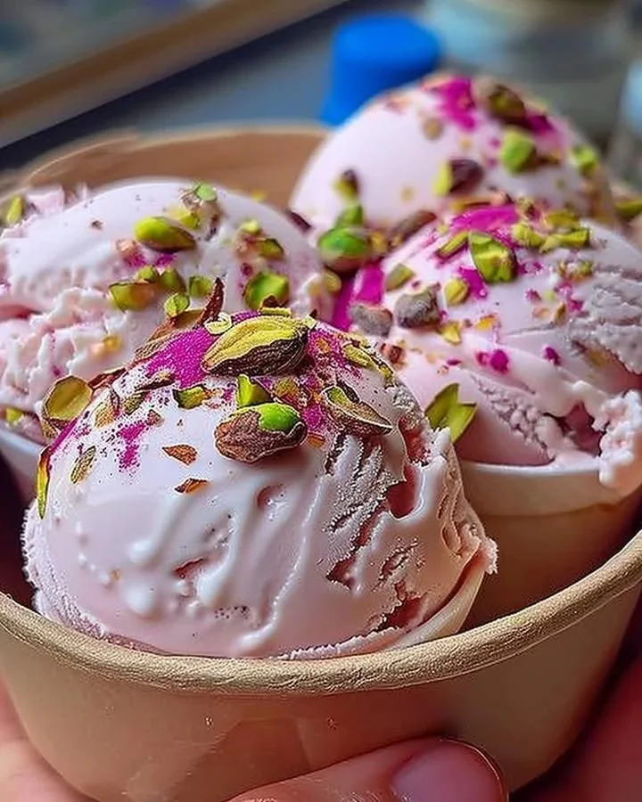 Pistachio Rosewater Gelato in a decorative bowl topped with pistachios