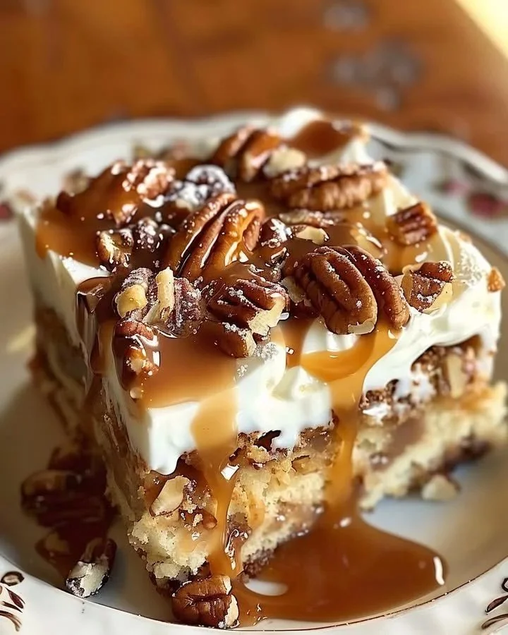Delicious Praline Pecan Poke Cake topped with a rich praline sauce and pecans.